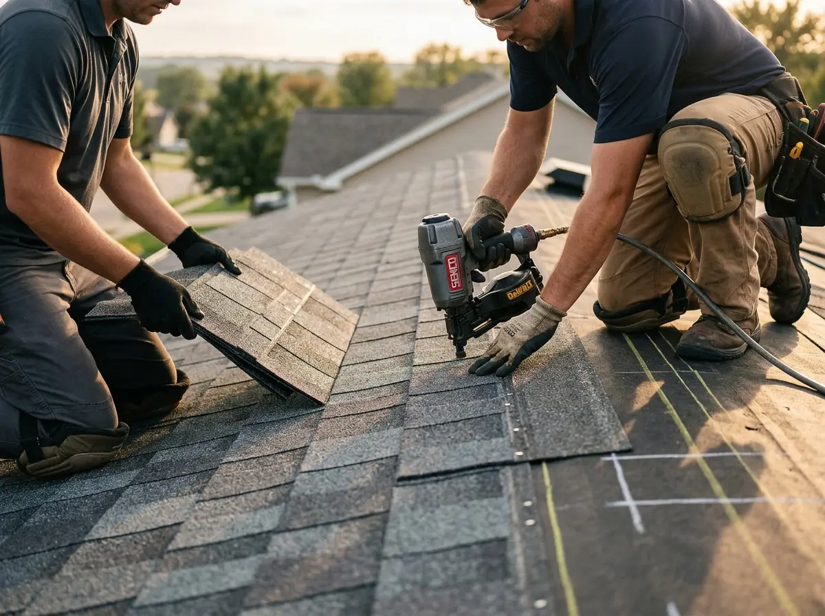 Professional roofer working on a residential roof in Aventura
